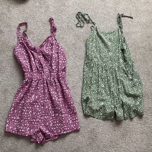 purple and green patterned rompers.